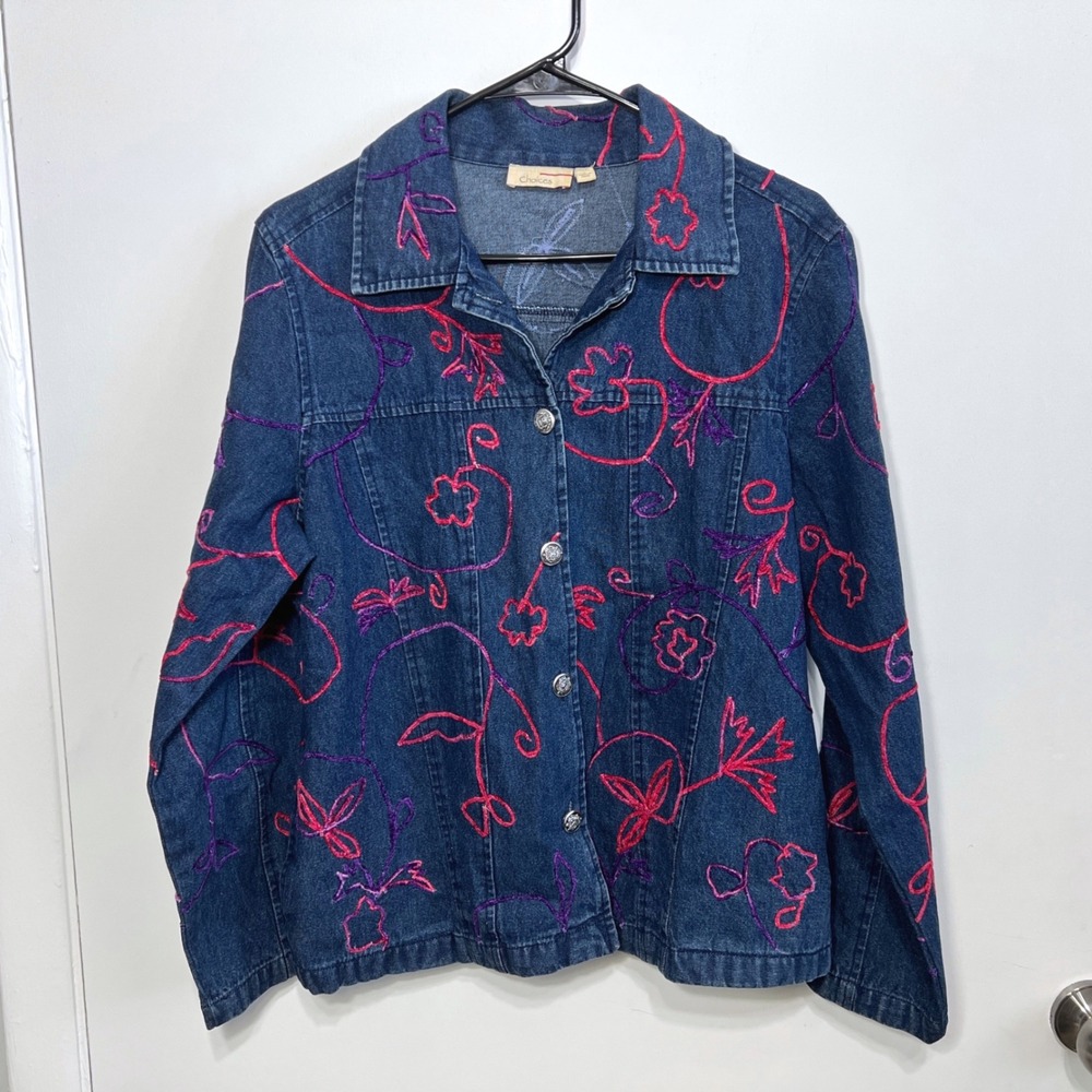 Vintage Denim Jacket Womens Large Blue Pink Purple Embroidered Floral
